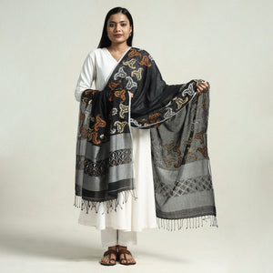 Black - Bolpur Kantha Embroidery Cotton Handloom Dupatta with Tassels