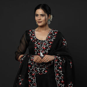 Black Kota Doria Embroidery Silk Kurta with Palazzo & Dupatta Set