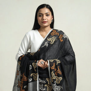 Black - Bolpur Kantha Embroidery Cotton Handloom Dupatta with Tassels
