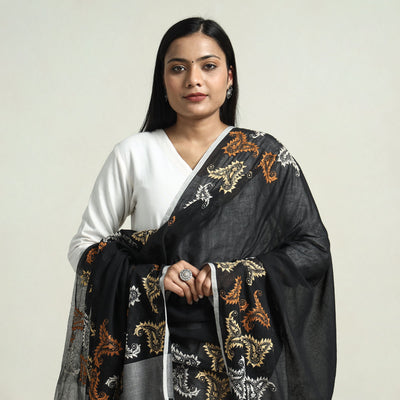 Black - Bolpur Kantha Embroidery Cotton Handloom Dupatta with Tassels