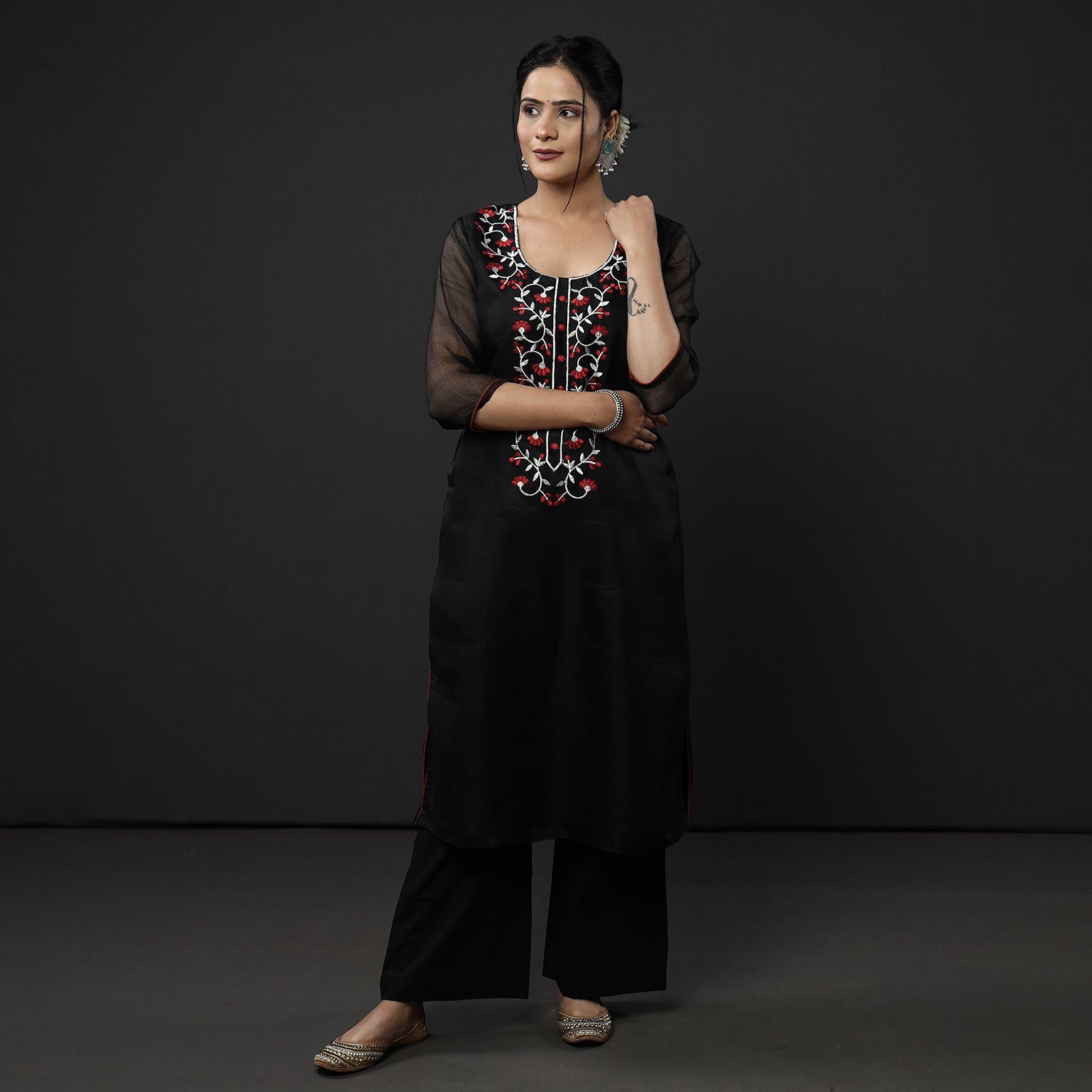 Black Kota Doria Embroidery Silk Kurta with Palazzo & Dupatta Set