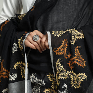 Black - Bolpur Kantha Embroidery Cotton Handloom Dupatta with Tassels