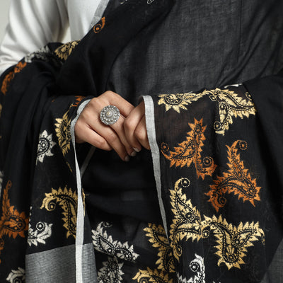 Black - Bolpur Kantha Embroidery Cotton Handloom Dupatta with Tassels