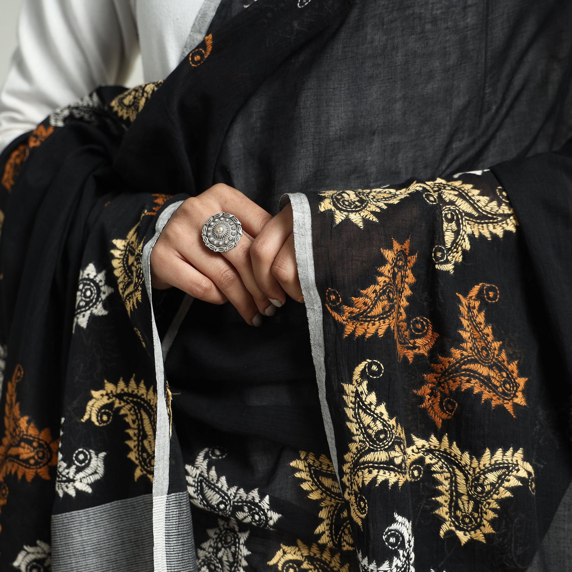 Black - Bolpur Kantha Embroidery Cotton Handloom Dupatta with Tassels