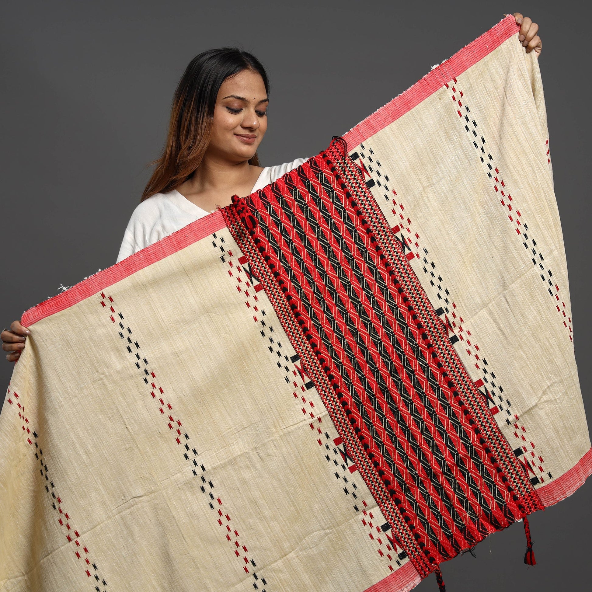 Beige - Assamese Gero Design Mising Eri Silk Handloom Shawl cum Stole