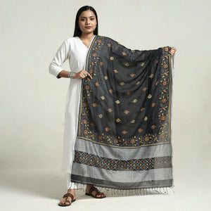 Black - Bolpur Kantha Embroidery Cotton Handloom Dupatta with Tassels