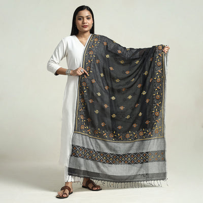Black - Bolpur Kantha Embroidery Cotton Handloom Dupatta with Tassels