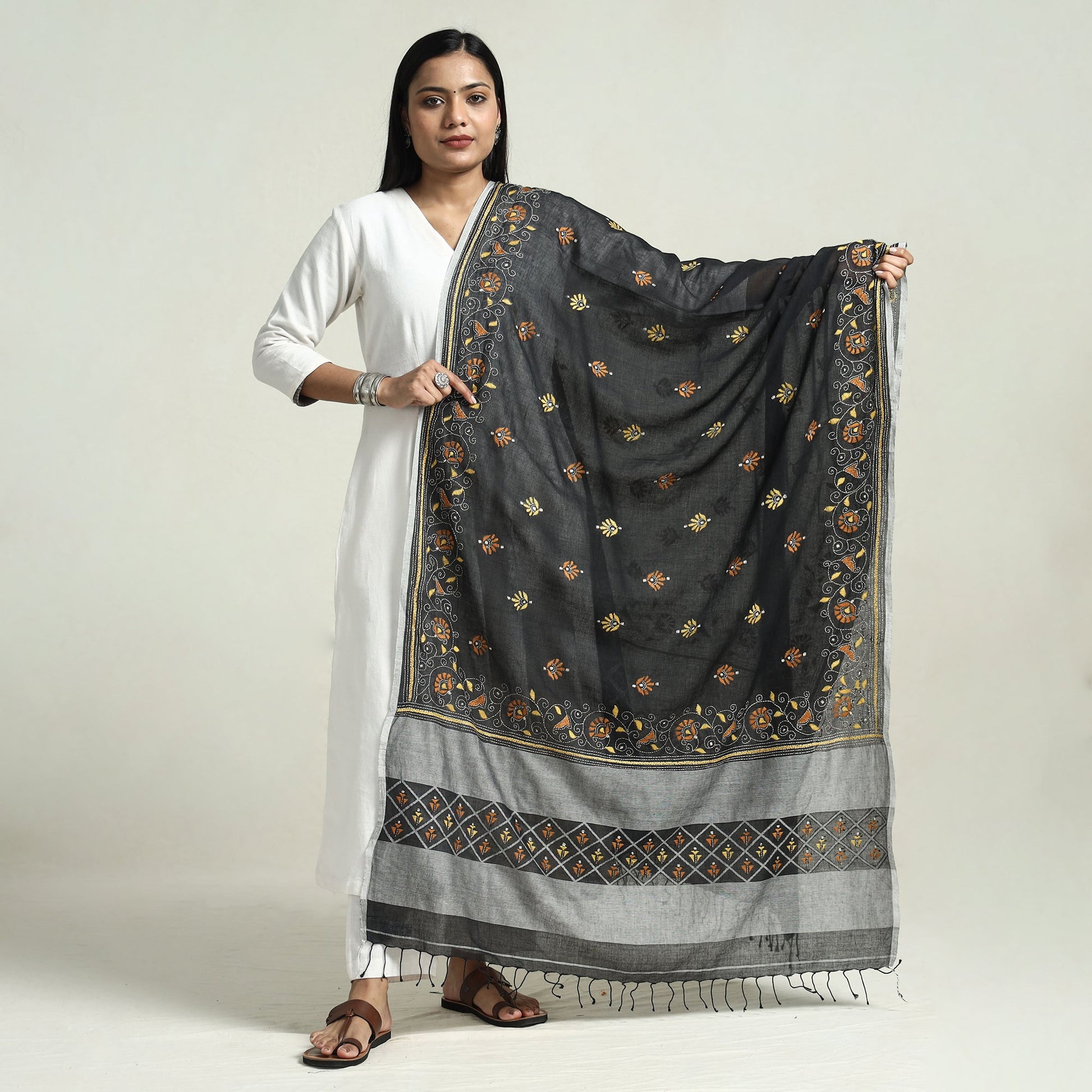 Black - Bolpur Kantha Embroidery Cotton Handloom Dupatta with Tassels