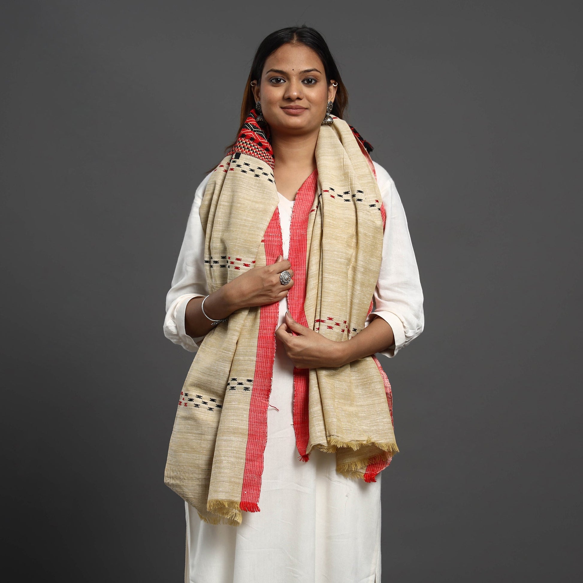Beige - Assamese Gero Design Mising Eri Silk Handloom Shawl cum Stole