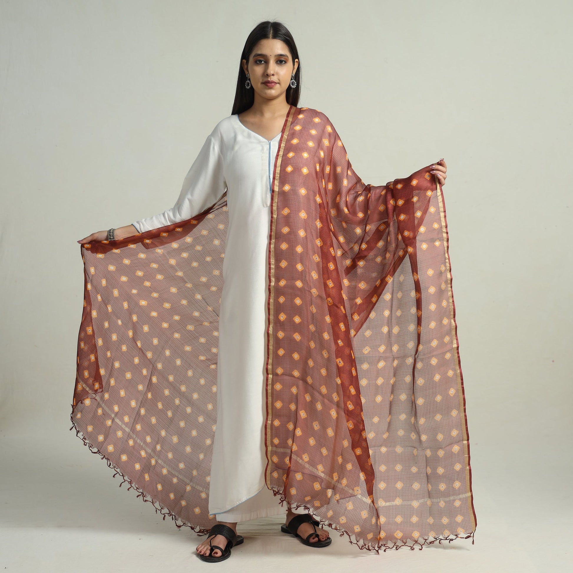 Brown - Kutch Bandhani Tie-Dye Kota Doria Silk Dupatta with Zari Border 59