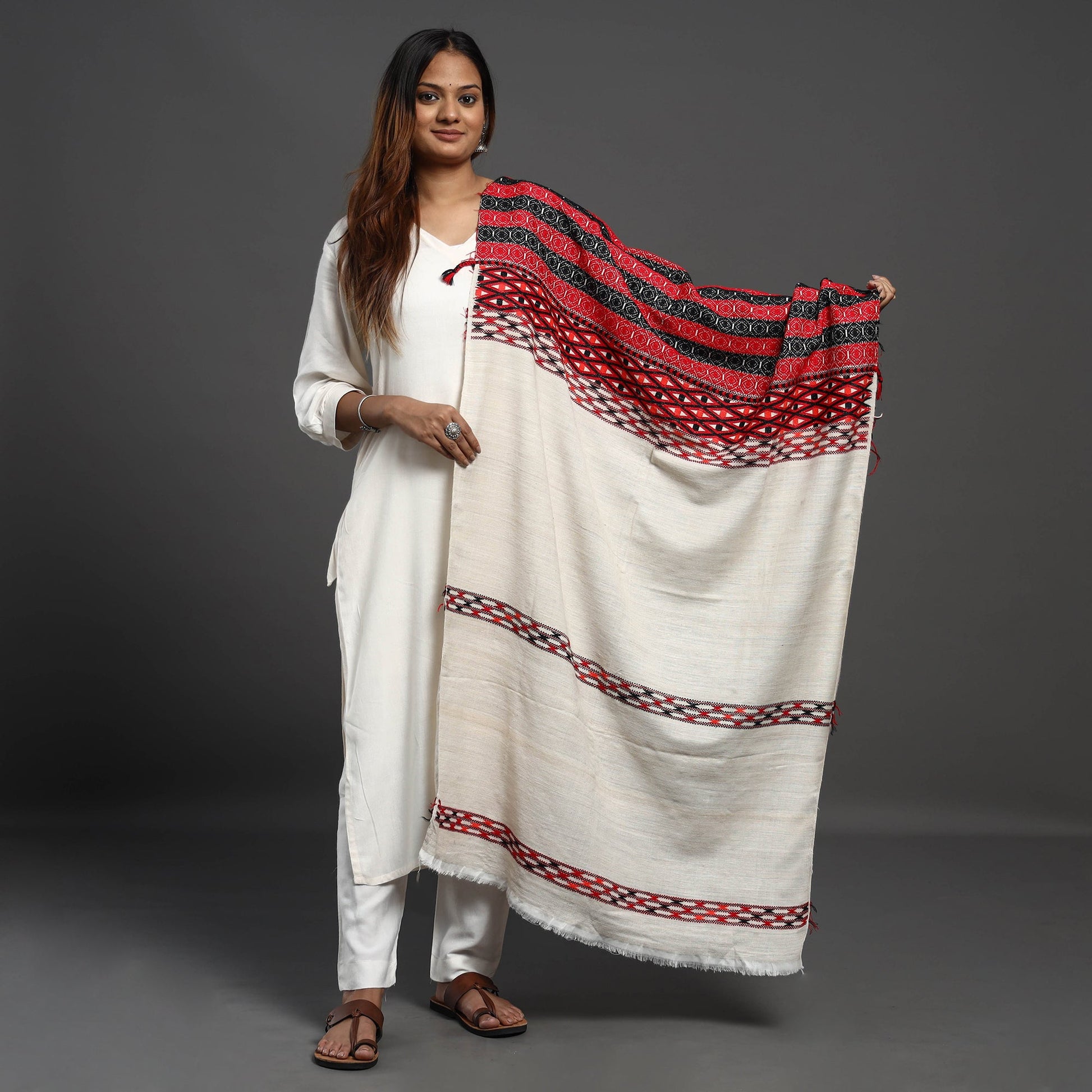Beige - Assamese Gero Design Mising Eri Silk Handloom Shawl cum Stole