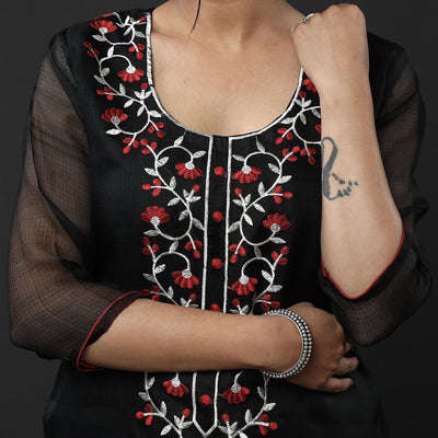 Black Kota Doria Embroidery Silk Kurta with Palazzo & Dupatta Set