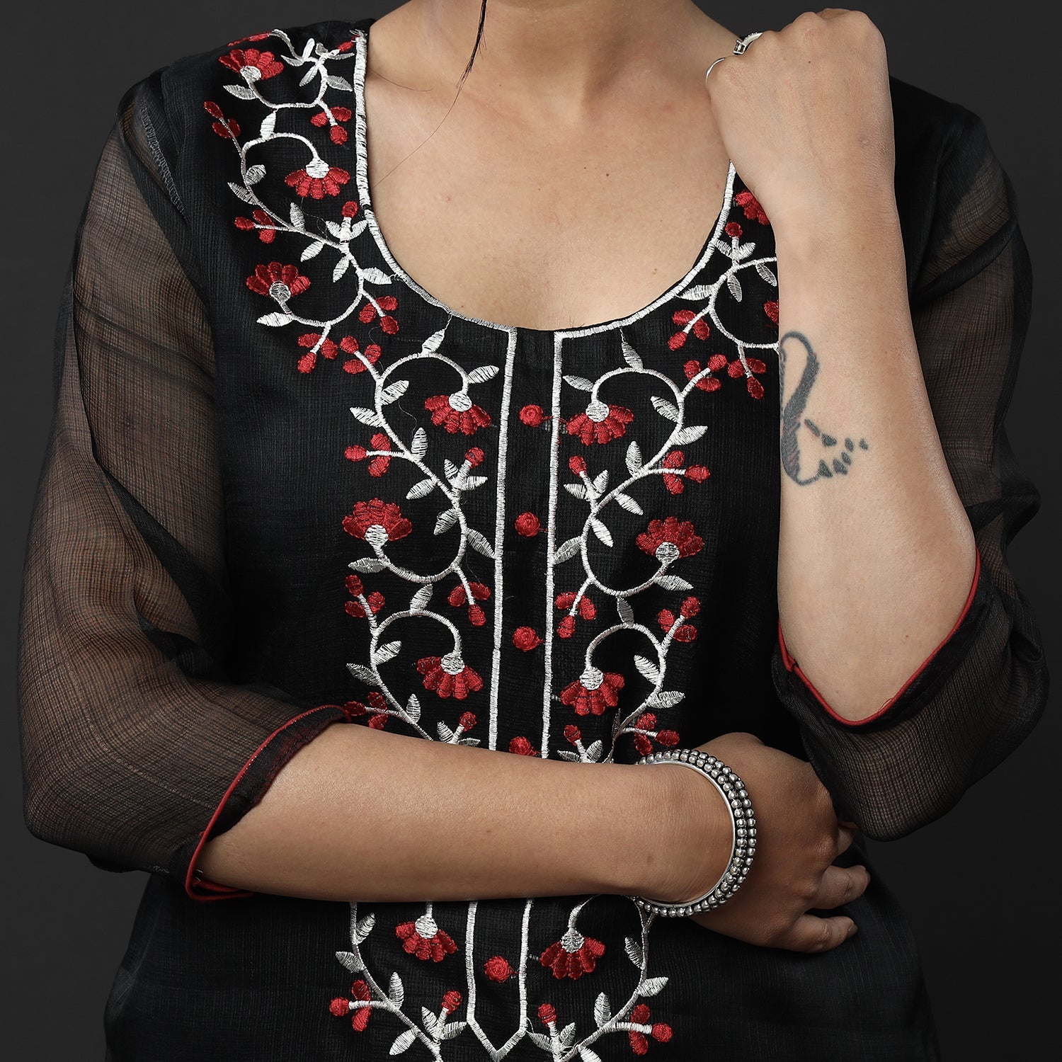 Black Kota Doria Embroidery Silk Kurta with Palazzo & Dupatta Set