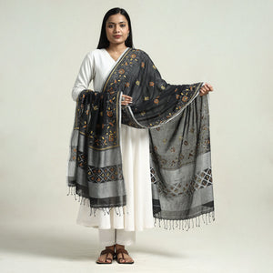 Black - Bolpur Kantha Embroidery Cotton Handloom Dupatta with Tassels