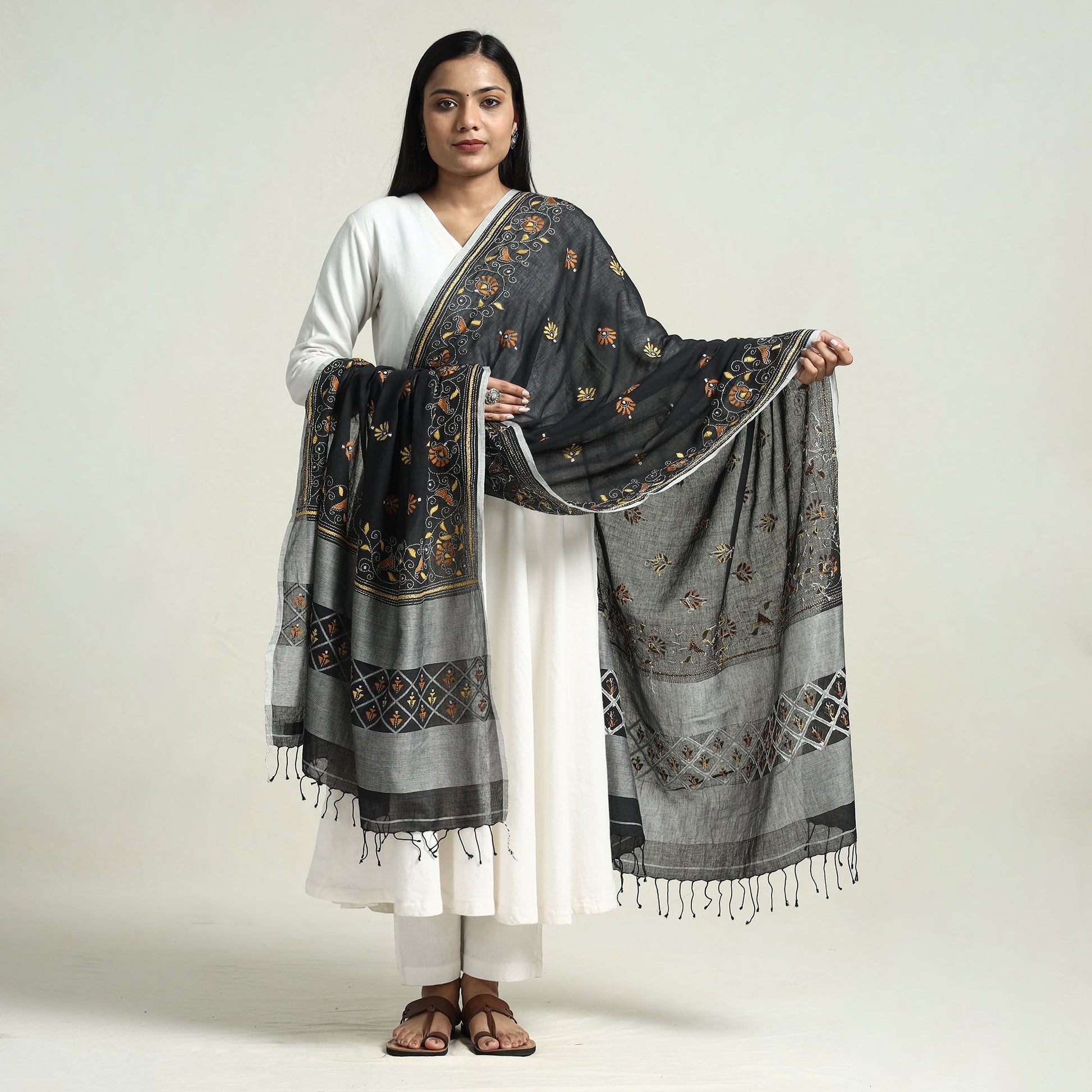 Black - Bolpur Kantha Embroidery Cotton Handloom Dupatta with Tassels