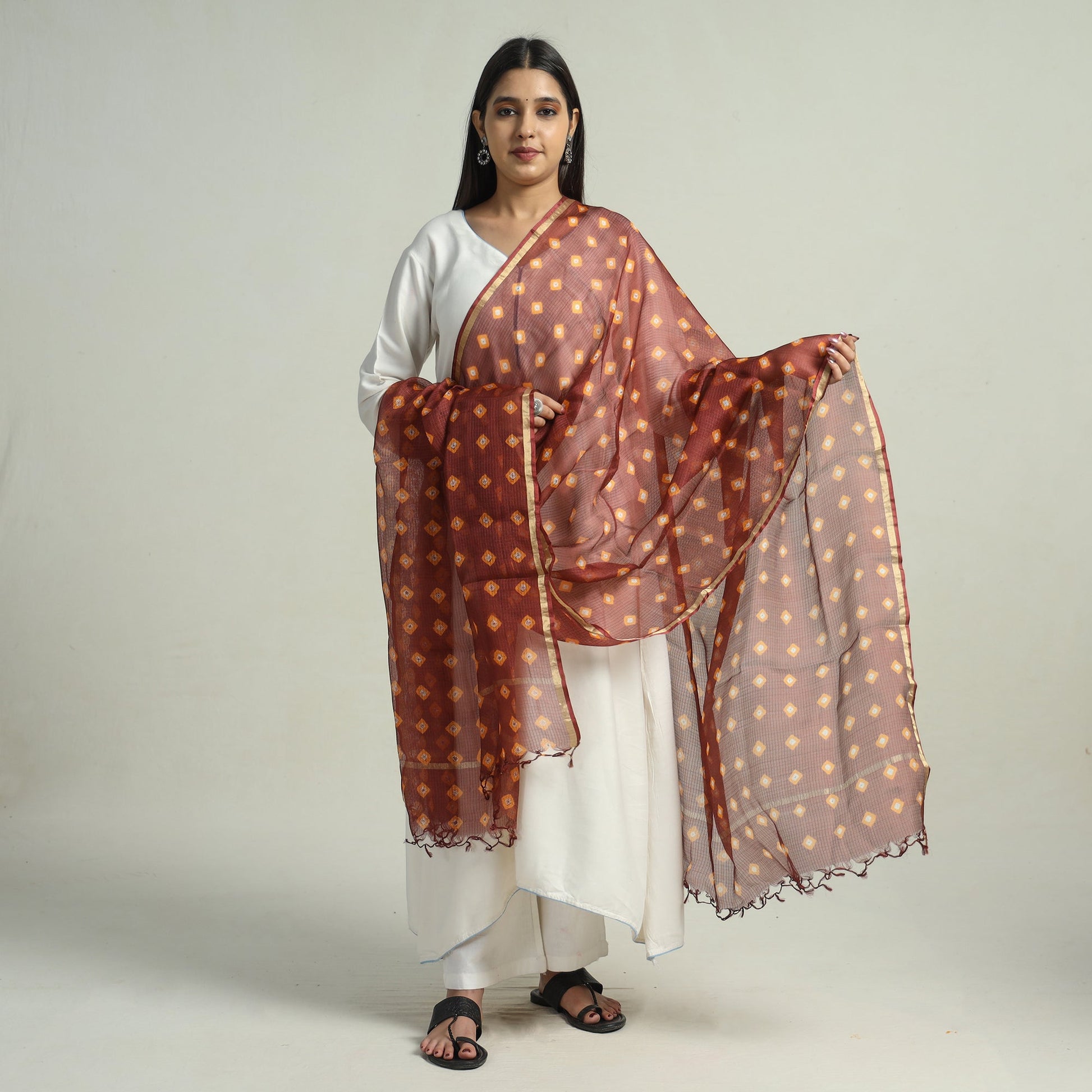 Brown - Kutch Bandhani Tie-Dye Kota Doria Silk Dupatta with Zari Border 59