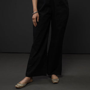 Black Kota Doria Embroidery Silk Kurta with Palazzo & Dupatta Set