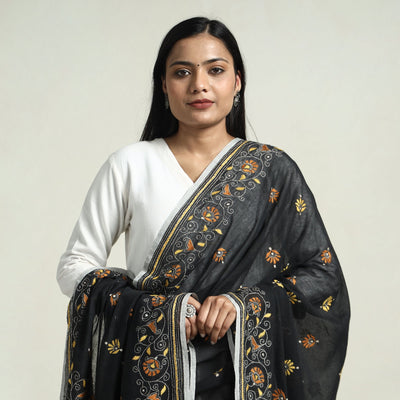 Black - Bolpur Kantha Embroidery Cotton Handloom Dupatta with Tassels