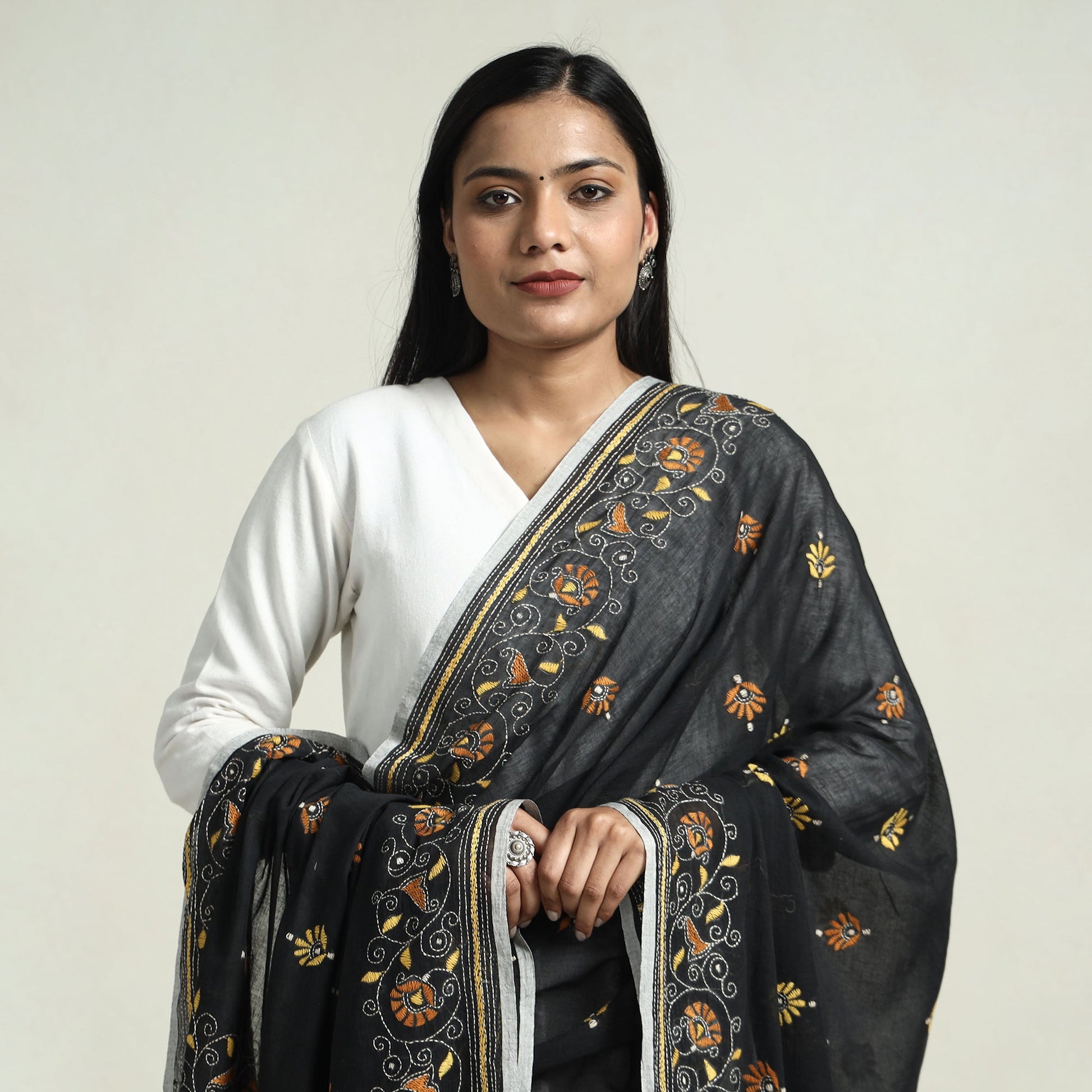 Black - Bolpur Kantha Embroidery Cotton Handloom Dupatta with Tassels