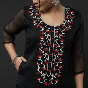 Black Kota Doria Embroidery Silk Kurta with Palazzo & Dupatta Set