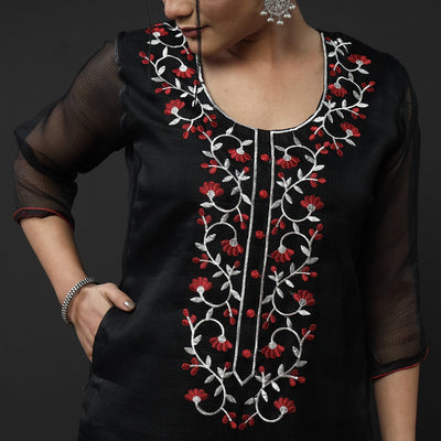 Black Kota Doria Embroidery Silk Kurta with Palazzo & Dupatta Set