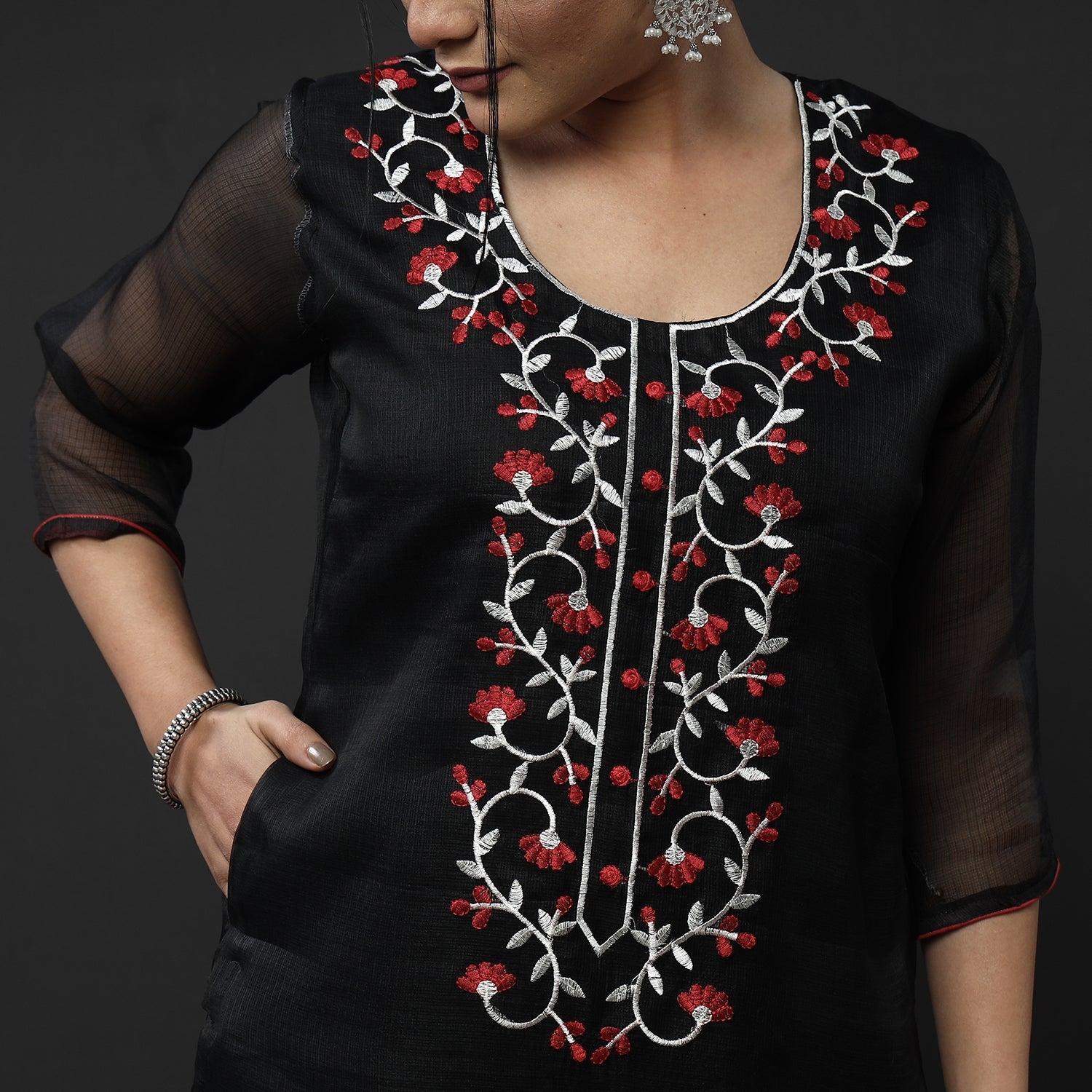 Black Kota Doria Embroidery Silk Kurta with Palazzo & Dupatta Set