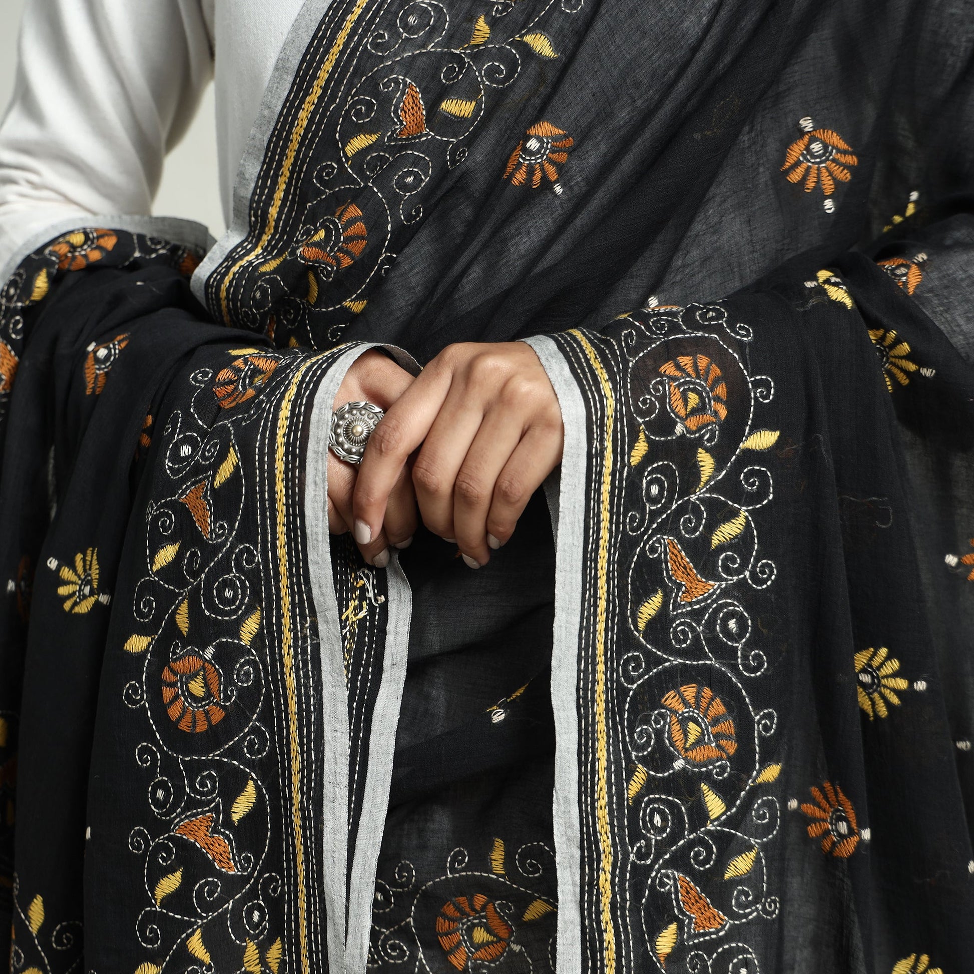Black - Bolpur Kantha Embroidery Cotton Handloom Dupatta with Tassels