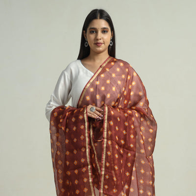 Brown - Kutch Bandhani Tie-Dye Kota Doria Silk Dupatta with Zari Border 59