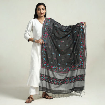 Black - Bolpur Kantha Embroidery Cotton Handloom Dupatta with Tassels