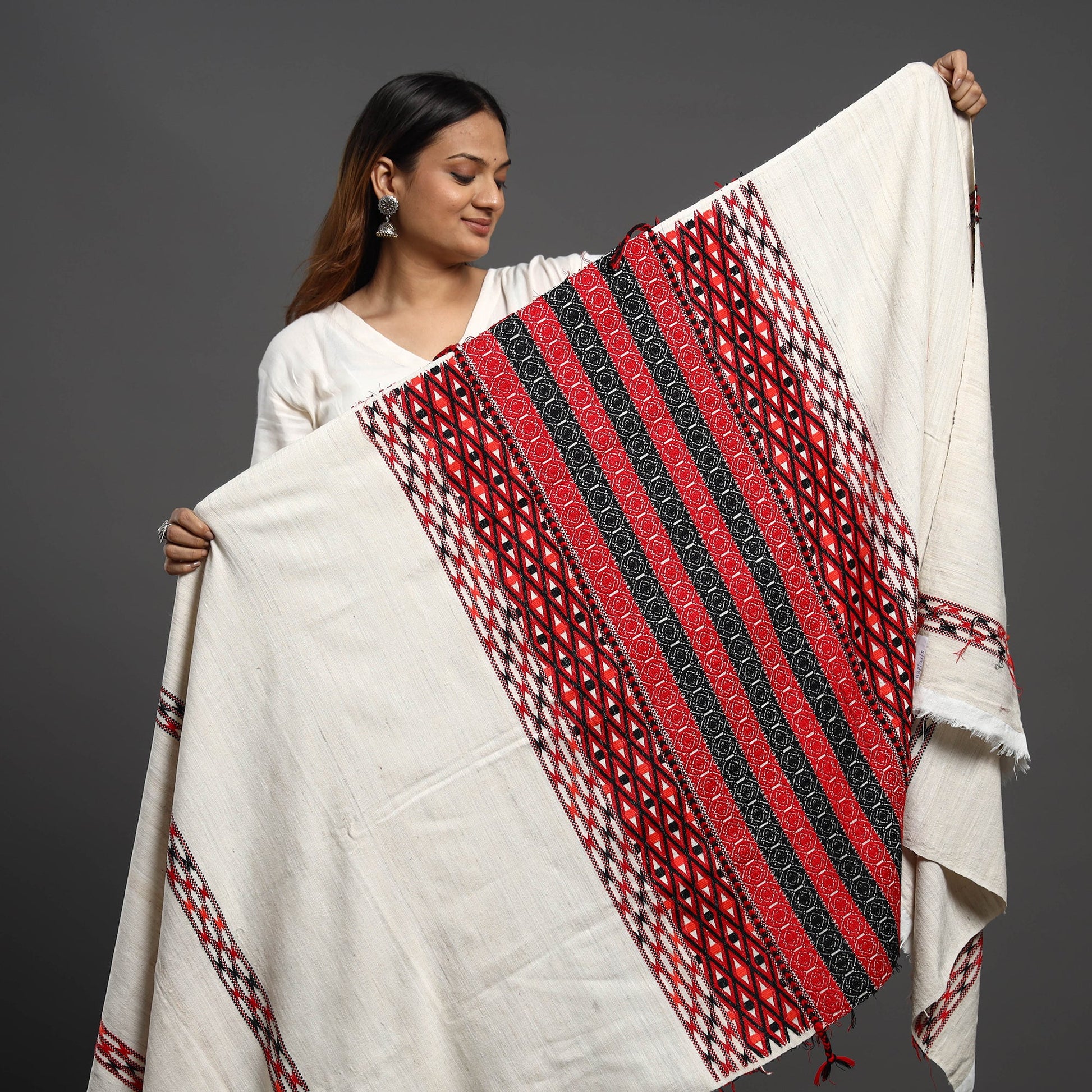 Beige - Assamese Gero Design Mising Eri Silk Handloom Shawl cum Stole