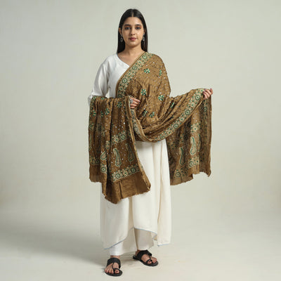 Brown - Kutch Bandhani Tie-Dye Modal Silk Zari Work Dupatta 60