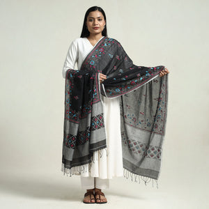 Black - Bolpur Kantha Embroidery Cotton Handloom Dupatta with Tassels