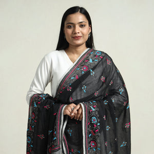 Black - Bolpur Kantha Embroidery Cotton Handloom Dupatta with Tassels