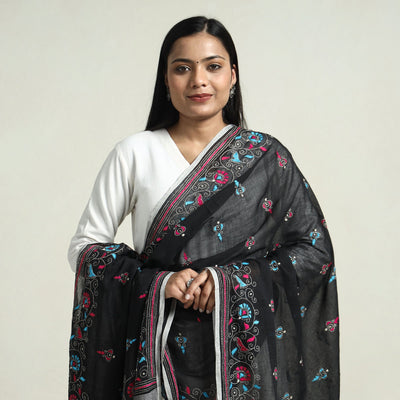Black - Bolpur Kantha Embroidery Cotton Handloom Dupatta with Tassels