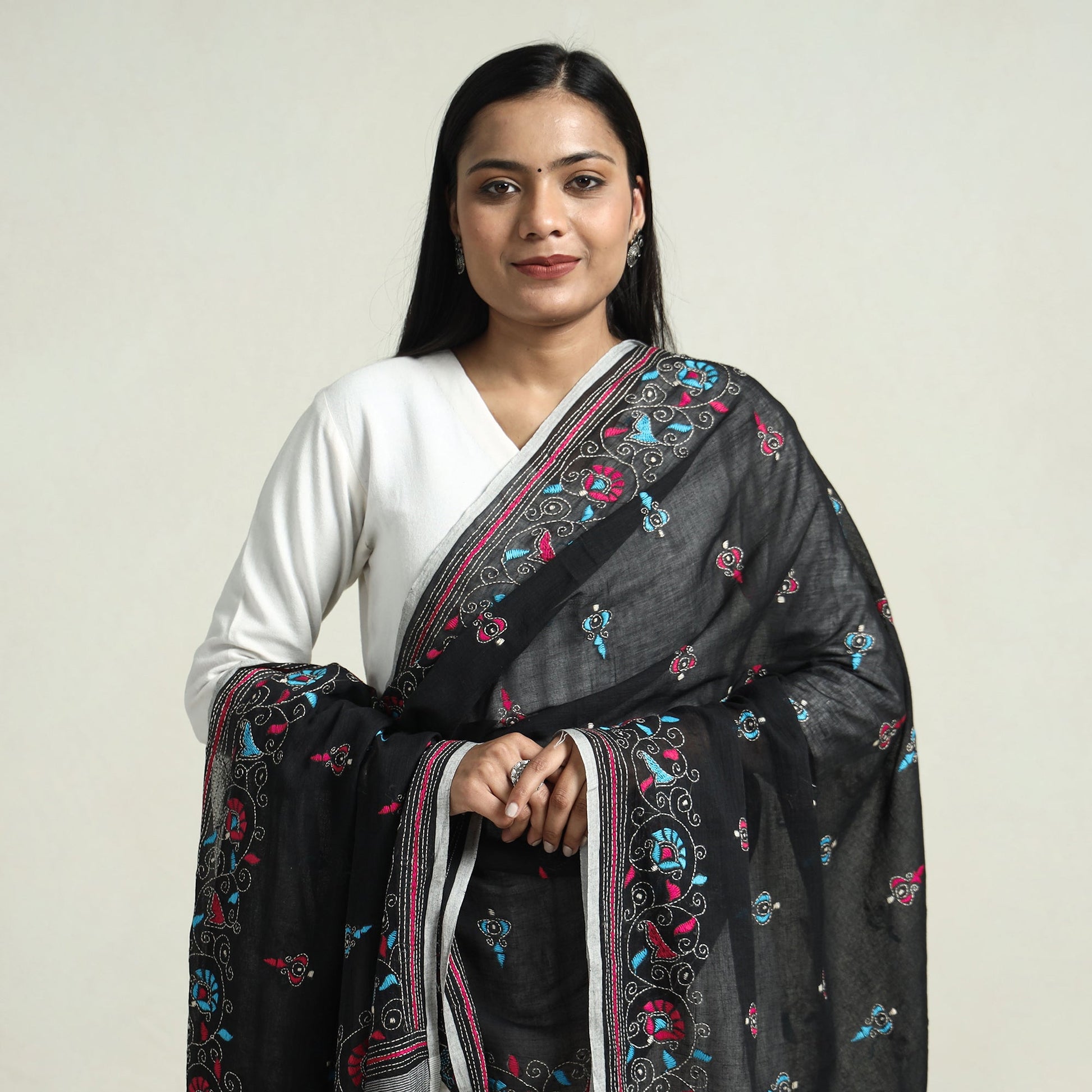 Black - Bolpur Kantha Embroidery Cotton Handloom Dupatta with Tassels