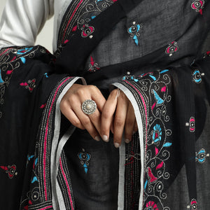 Black - Bolpur Kantha Embroidery Cotton Handloom Dupatta with Tassels