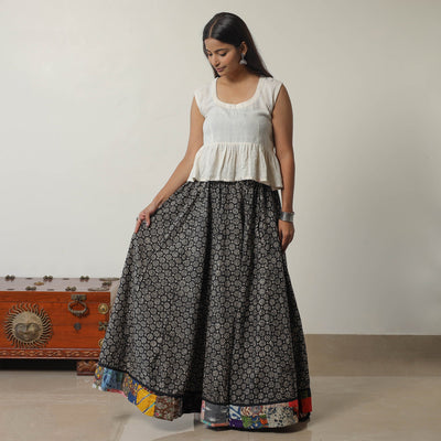 Black - Bagru Block Printed 24 Kali Patchwork Cotton Long Skirt 09
