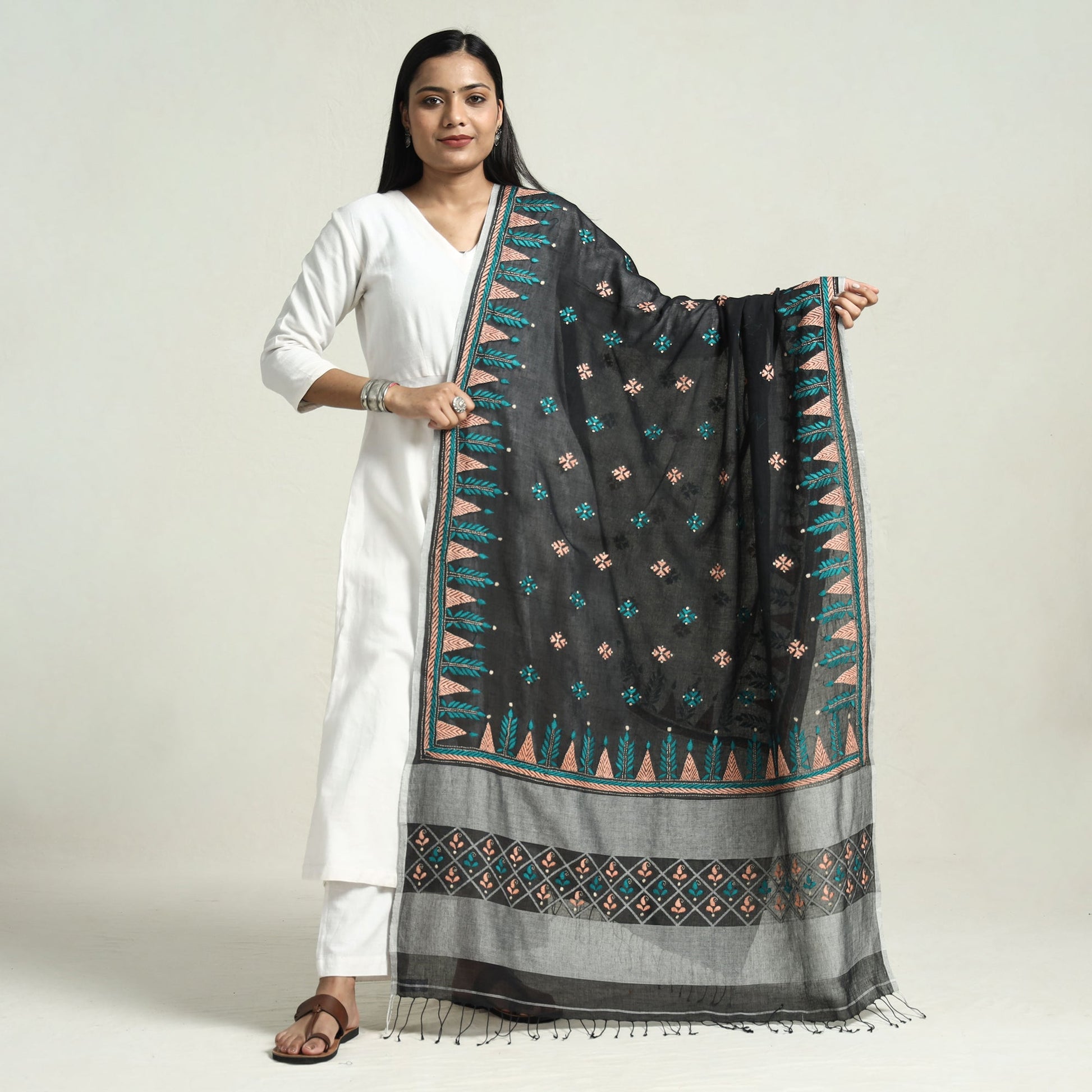 Black - Bolpur Kantha Embroidery Cotton Handloom Dupatta with Tassels