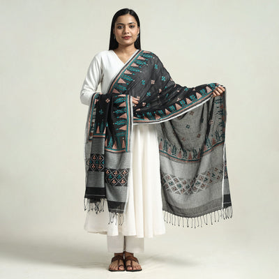 Black - Bolpur Kantha Embroidery Cotton Handloom Dupatta with Tassels