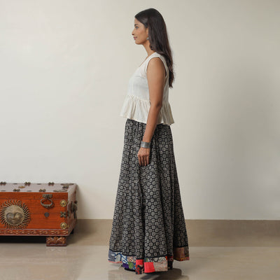 Black - Bagru Block Printed 24 Kali Patchwork Cotton Long Skirt 09