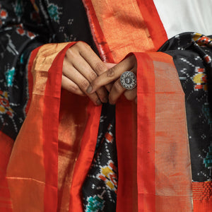 Black - Handwoven Pochampally Ikat Pure Mulberry Silk Dupatta with Zari Border