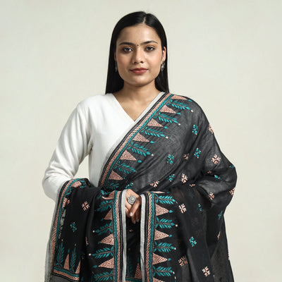 Black - Bolpur Kantha Embroidery Cotton Handloom Dupatta with Tassels