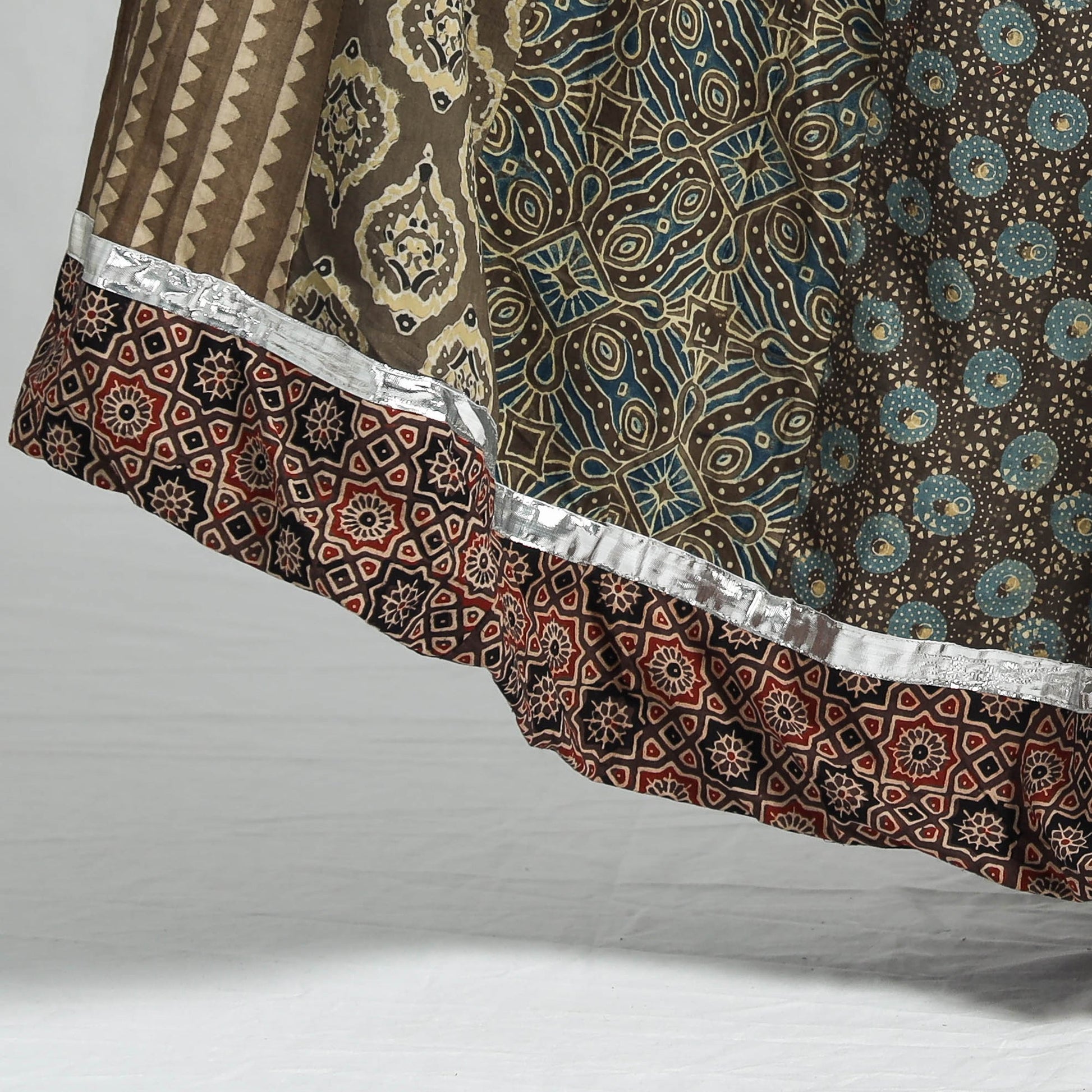 Brown - Ajrakh Block Printed 24 Kali Patchwork Cotton Long Skirt