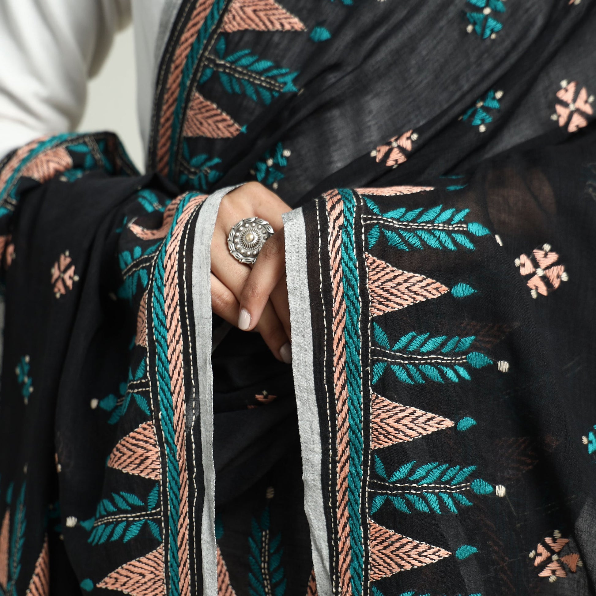 Black - Bolpur Kantha Embroidery Cotton Handloom Dupatta with Tassels
