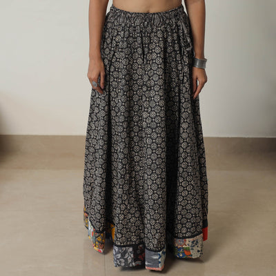 Black - Bagru Block Printed 24 Kali Patchwork Cotton Long Skirt 09