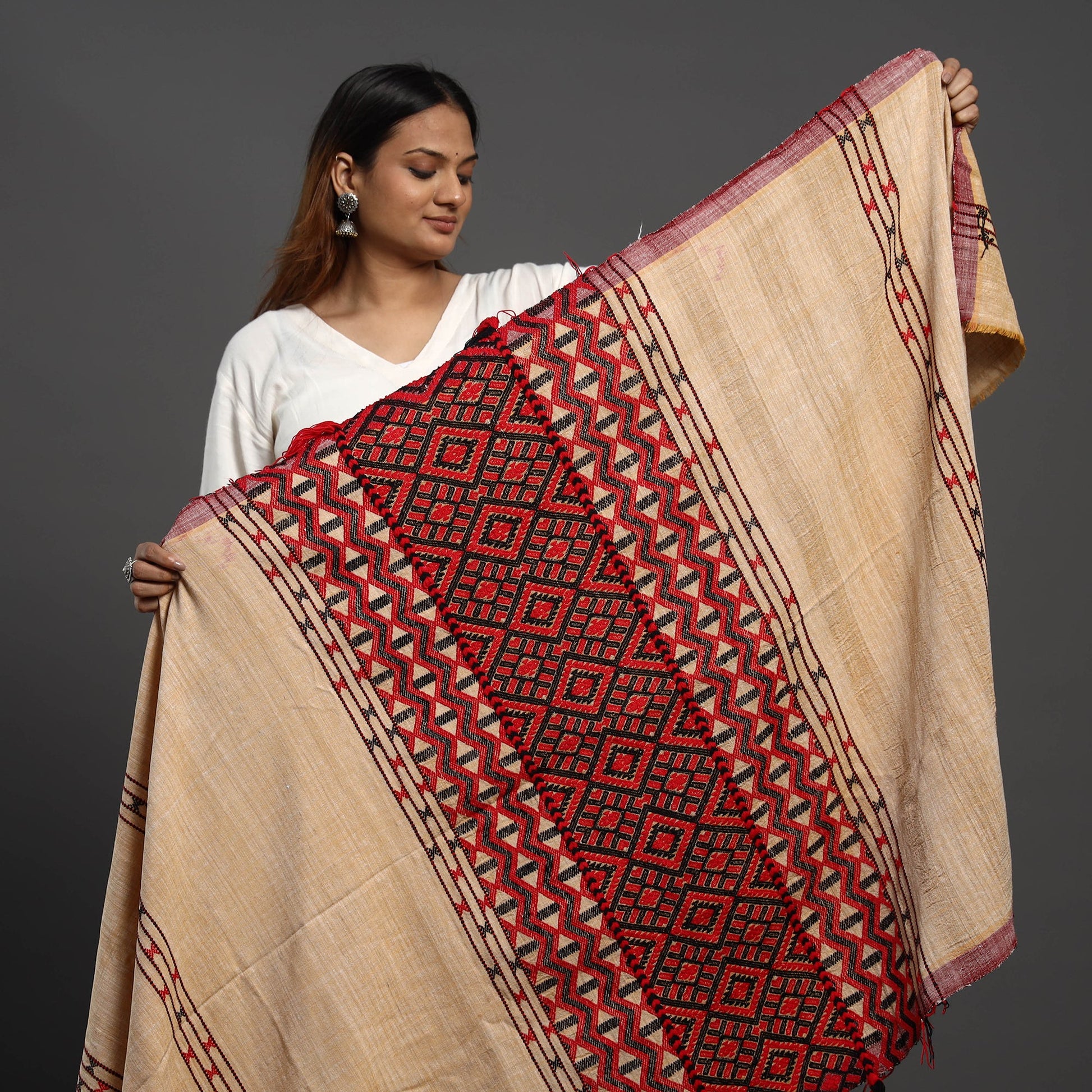 Beige - Assamese Gero Design Mising Eri Silk Handloom Shawl cum Stole