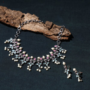 Antique Silver Finish Oxidised Brass Base Stone Work Choker Necklace Set