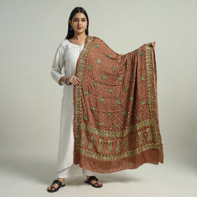 Brown - Kutch Bandhani Tie-Dye Modal Silk Zari Work Dupatta 63