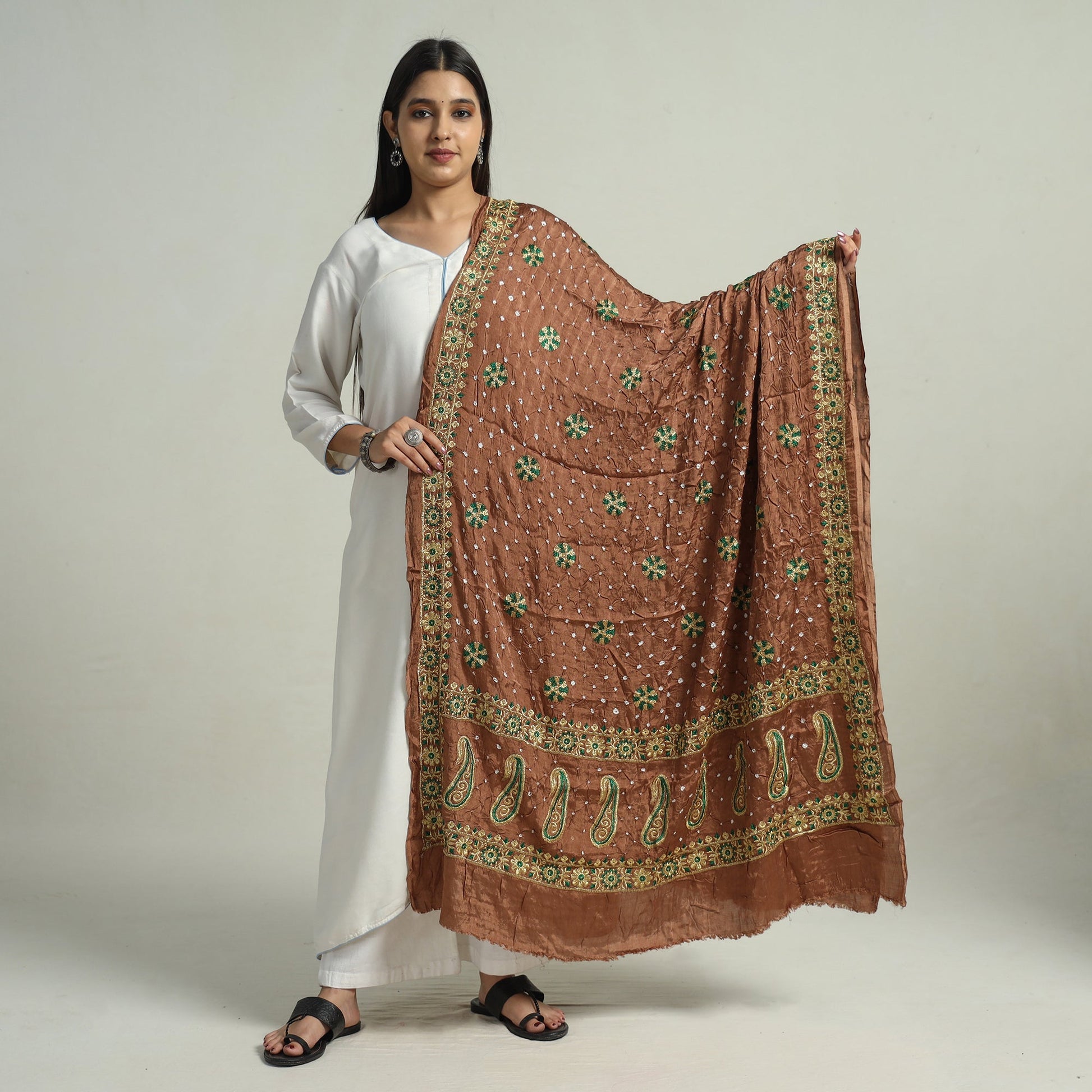 Brown - Kutch Bandhani Tie-Dye Modal Silk Zari Work Dupatta 63
