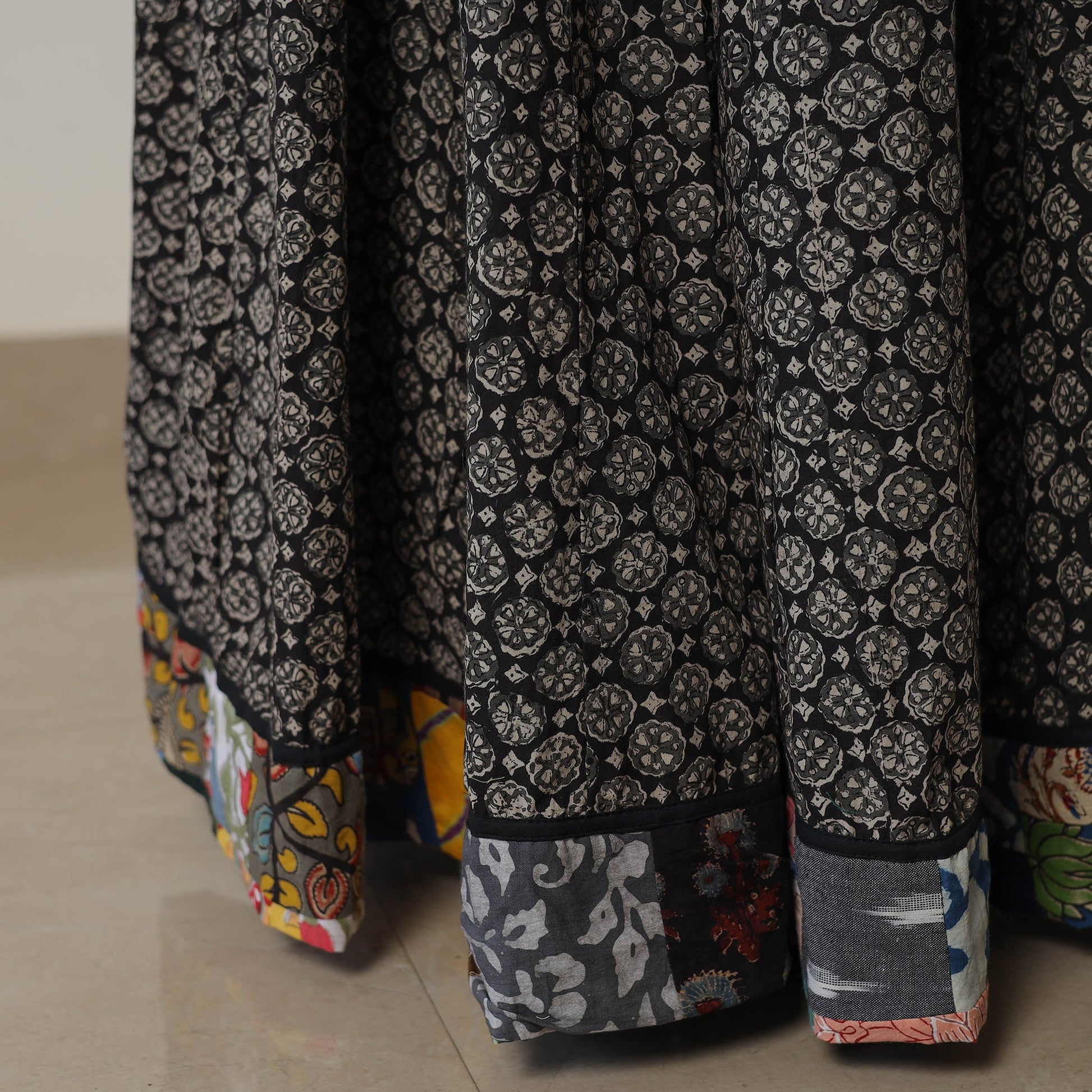 Black - Bagru Block Printed 24 Kali Patchwork Cotton Long Skirt 09